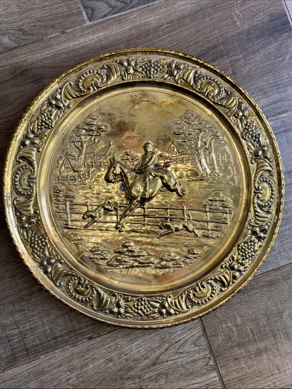 Vintage Decorative Brass Equestrian Scene Wall Plate